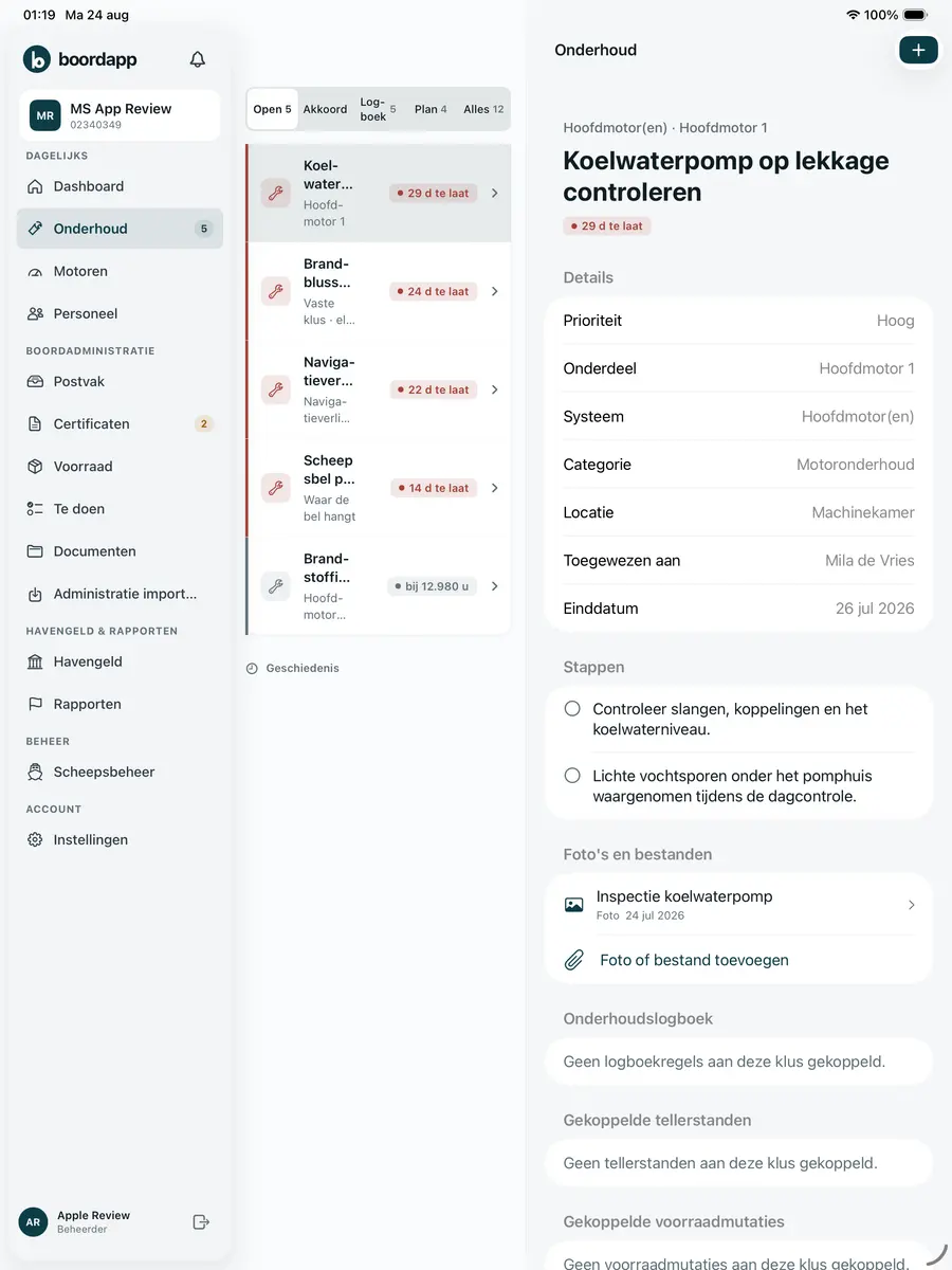 Onderhoud in de iPad-app