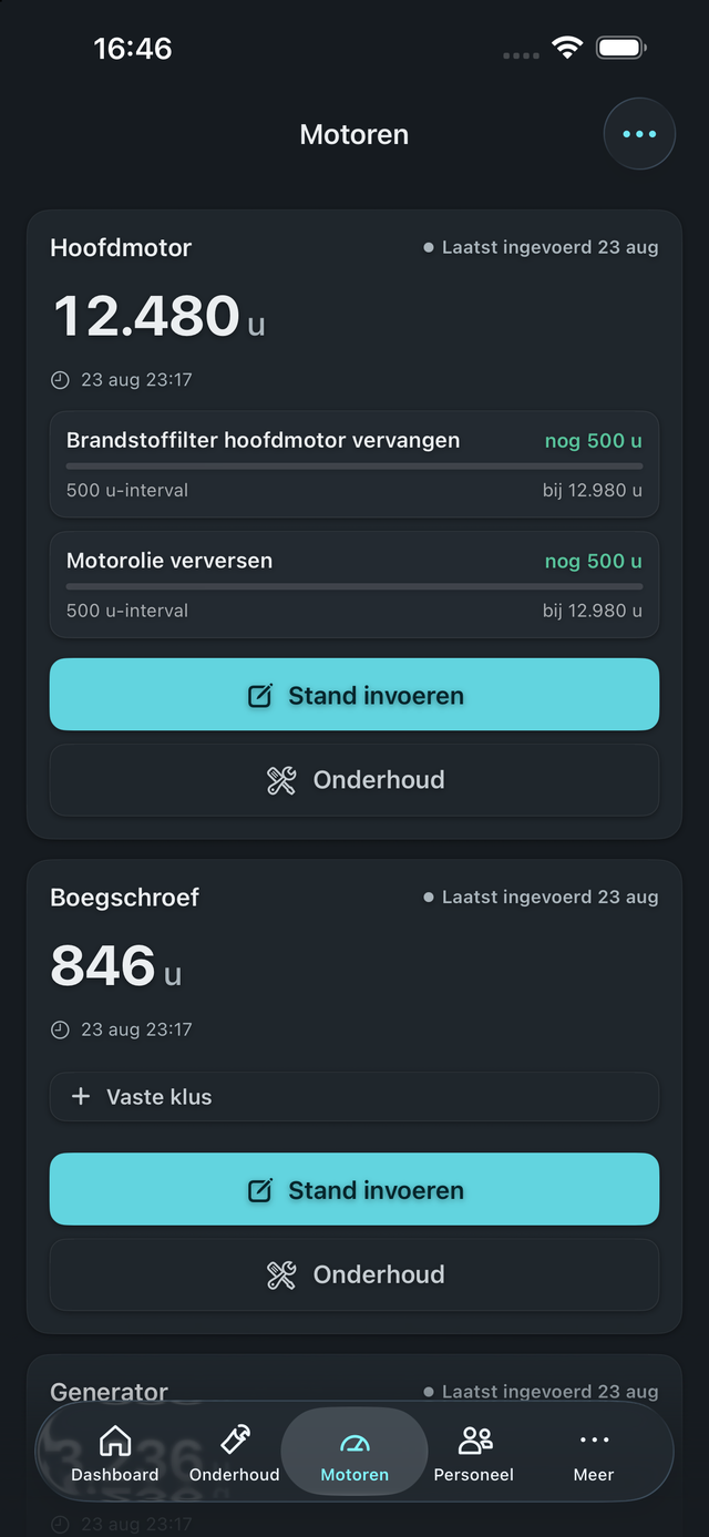 Motoren in de iPhone-app met urenstanden en resterende uren