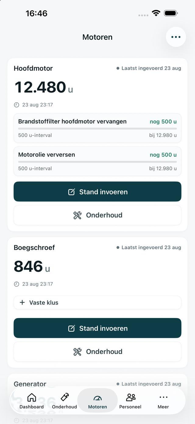 Motoren in de iPhone-app met urenstanden en resterende uren