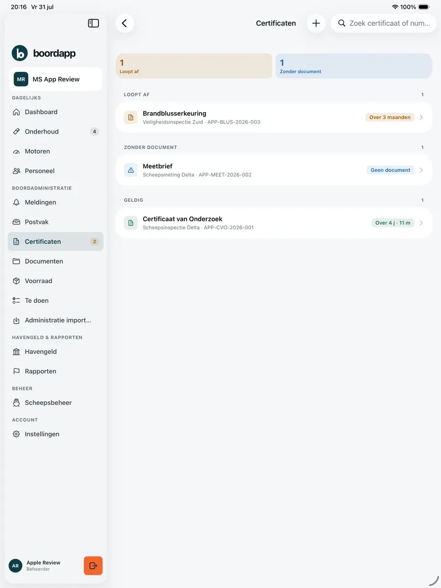 Certificaten in de iPad-app: loopt af, zonder document en geldig