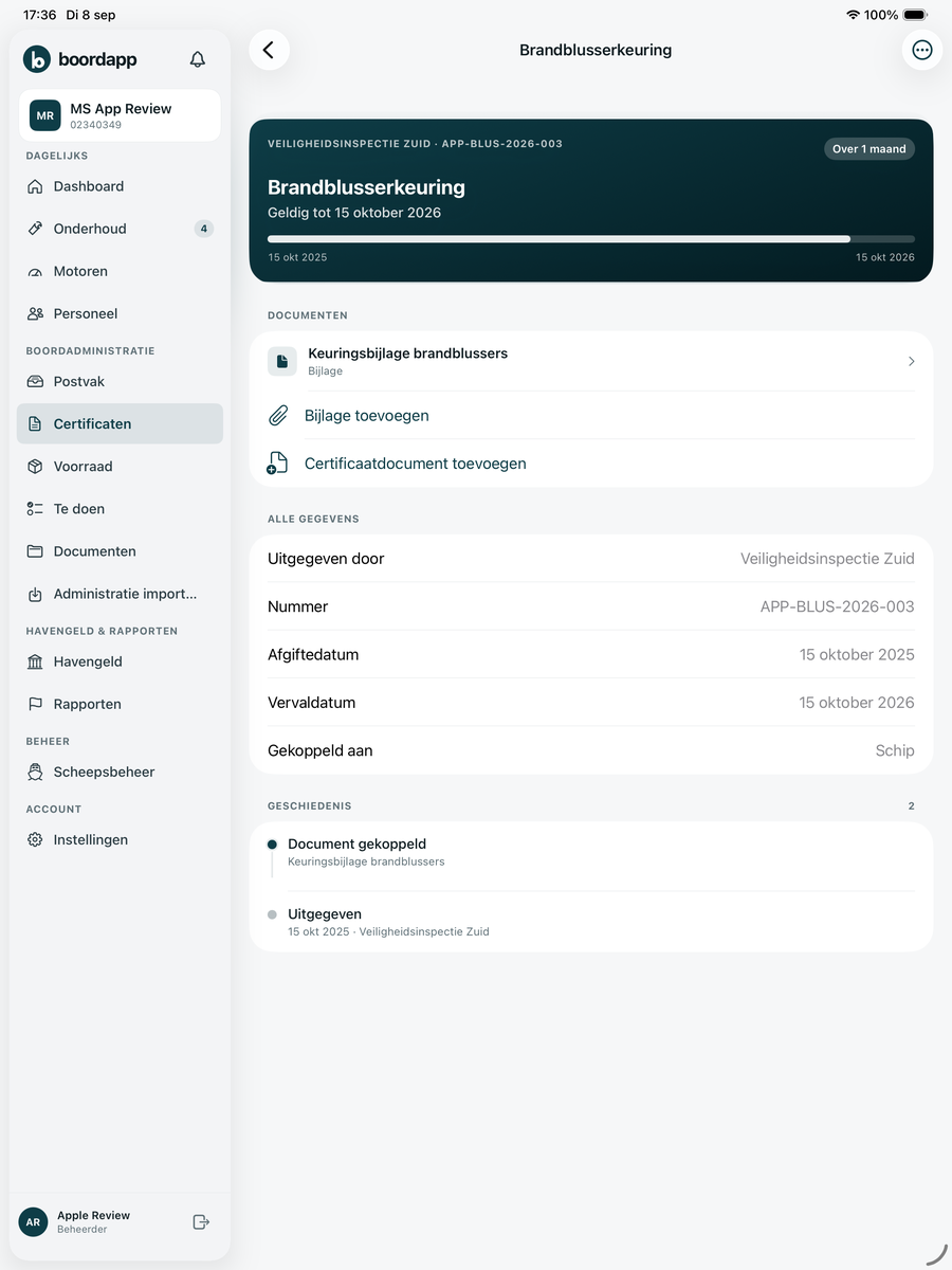 Certificaat met geldigheid, document en geschiedenis in de iPad-app