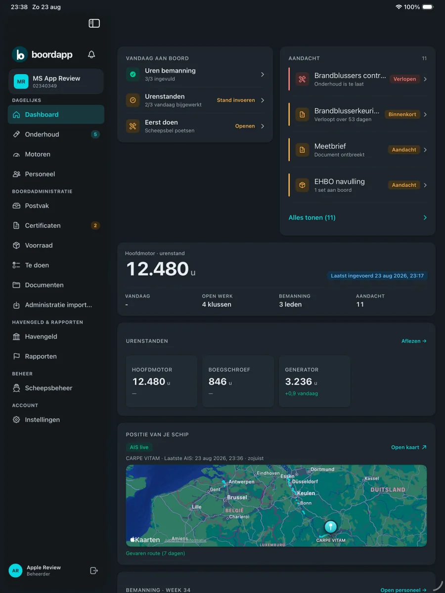 Het dashboard in de iPad-app