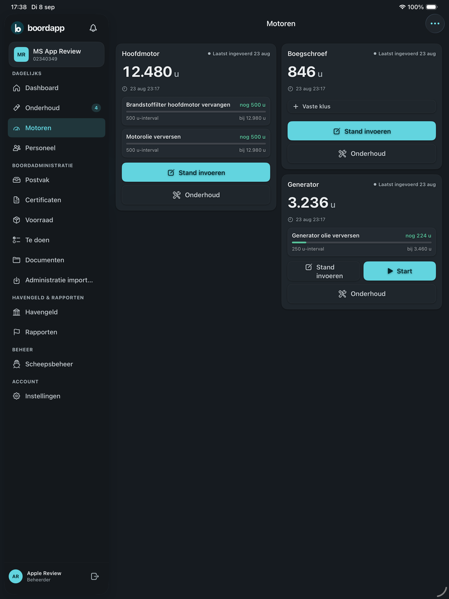 Motoren in de iPad-app en de iPhone-app, met urenstanden en de volgende beurt