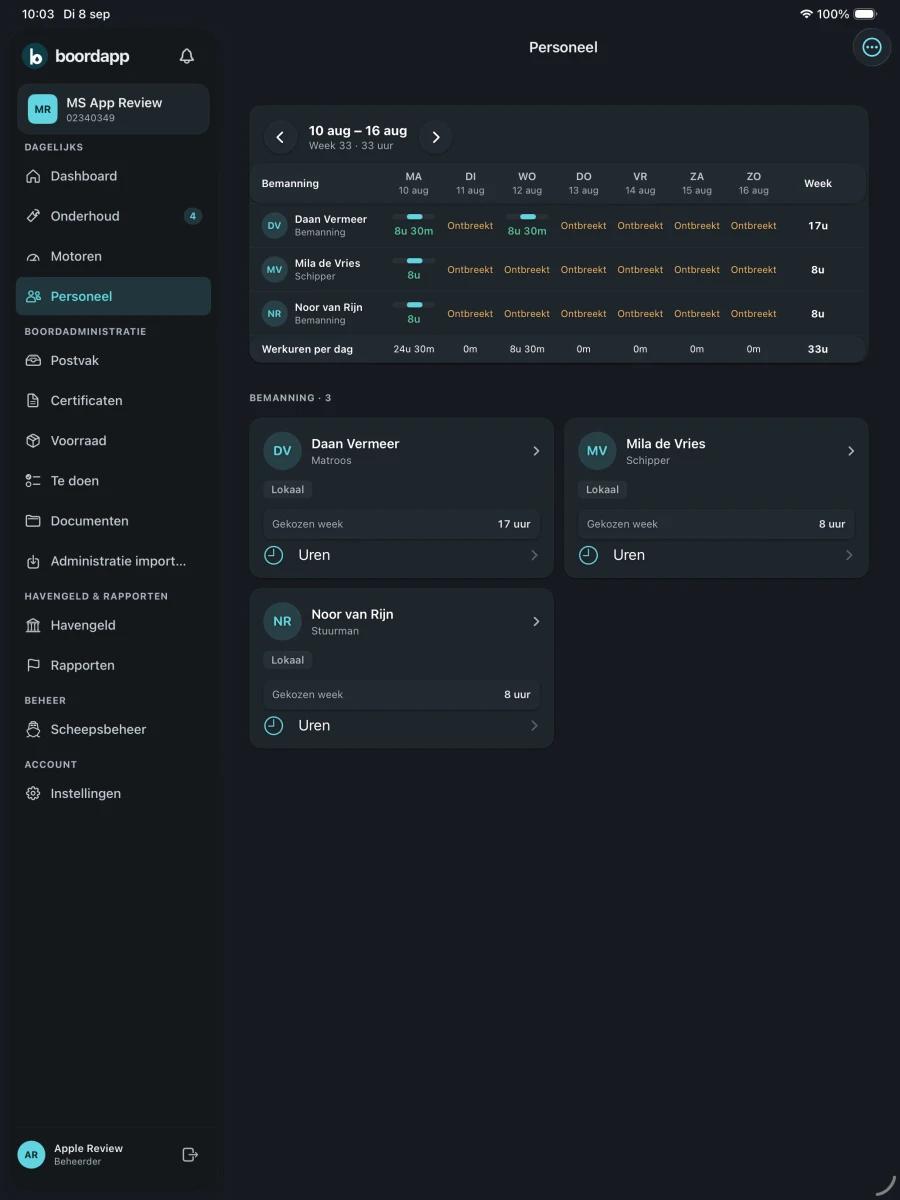 Personeel in de iPad-app en de iPhone-app, met het weekoverzicht