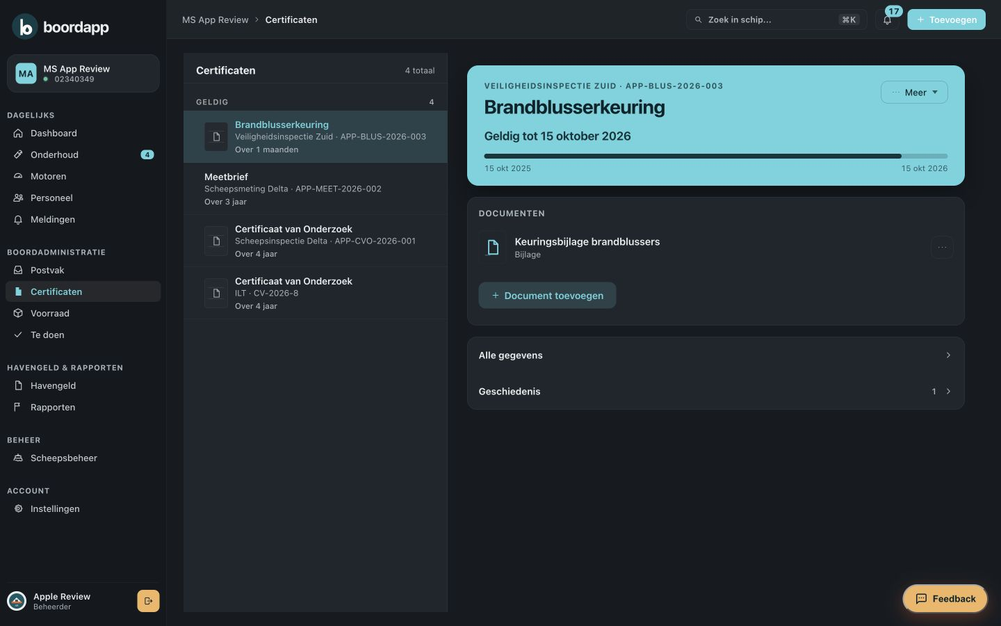 Certificaat met geldigheid en document in Boordapp op laptop en iPad
