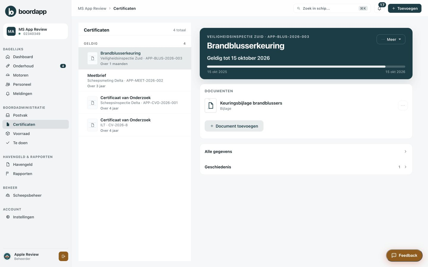 Certificaat met geldigheid en document in Boordapp op laptop en iPad