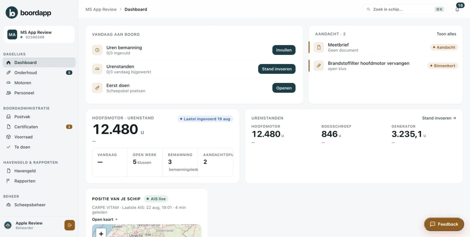 Urenstanden van alle motoren op het dashboard