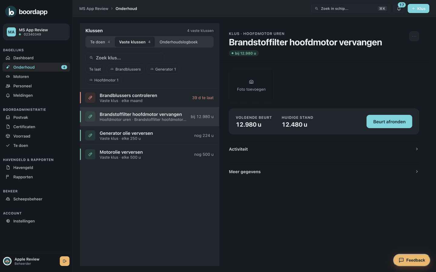 Een vaste klus in Boordapp: brandstoffilter hoofdmotor vervangen, elke 500 uur