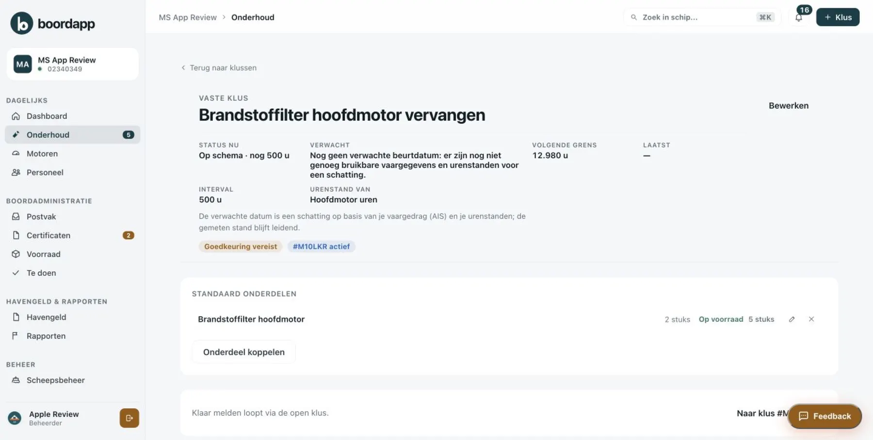 Een vaste klus in Boordapp: brandstoffilter hoofdmotor vervangen, elke 500 uur